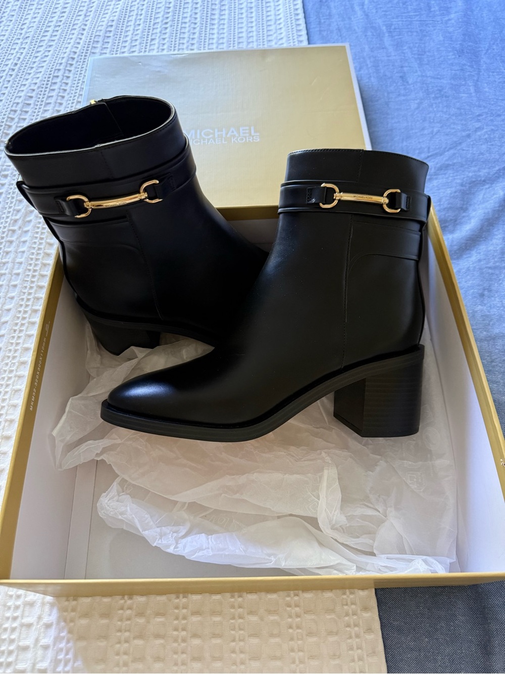 Michael Kors Black Leather Ankle Booties with Gold Horsebit